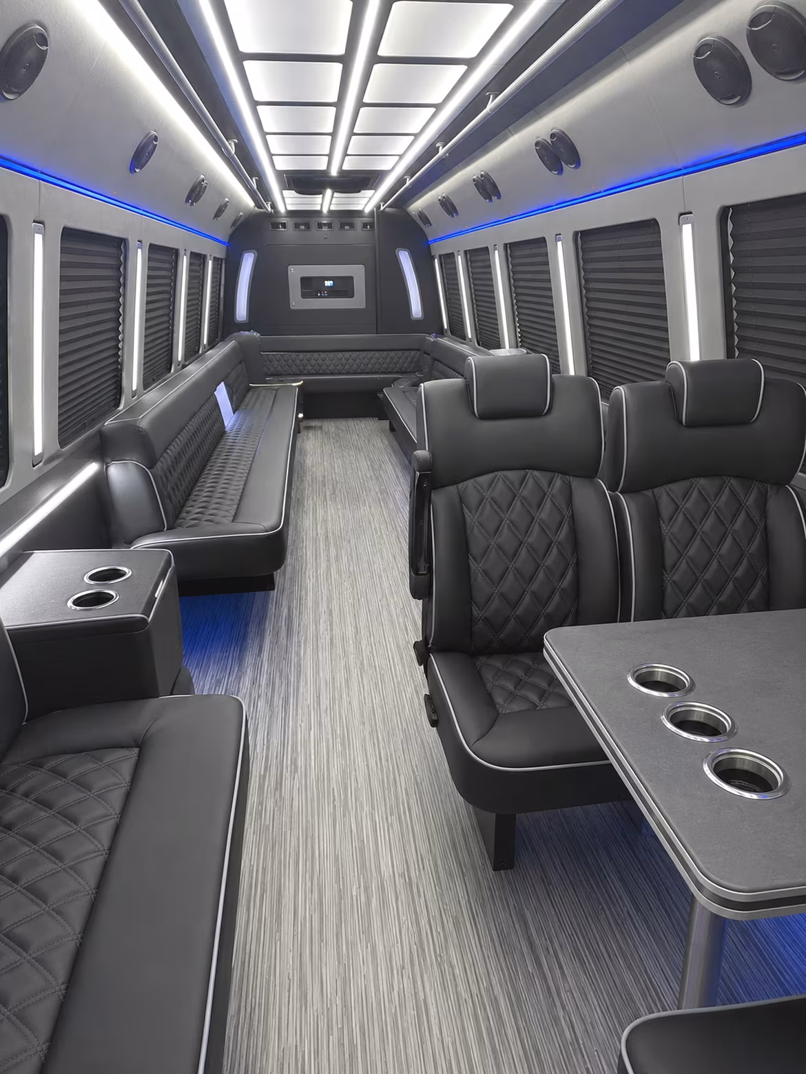 Passenger seating aboard a party bus rental serving Worcester